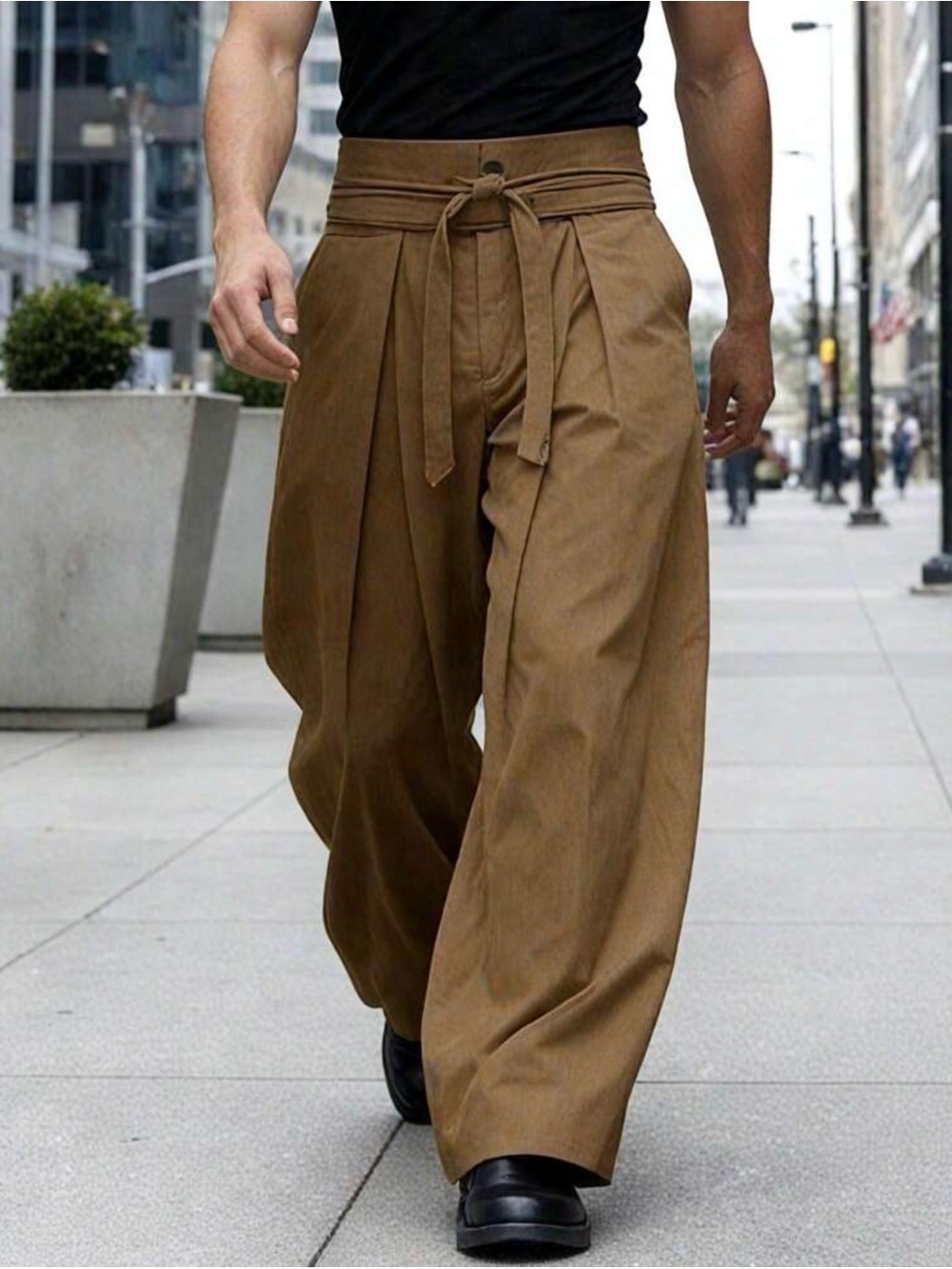Men's Wide-Leg Tie-Waist Pants - Brown
